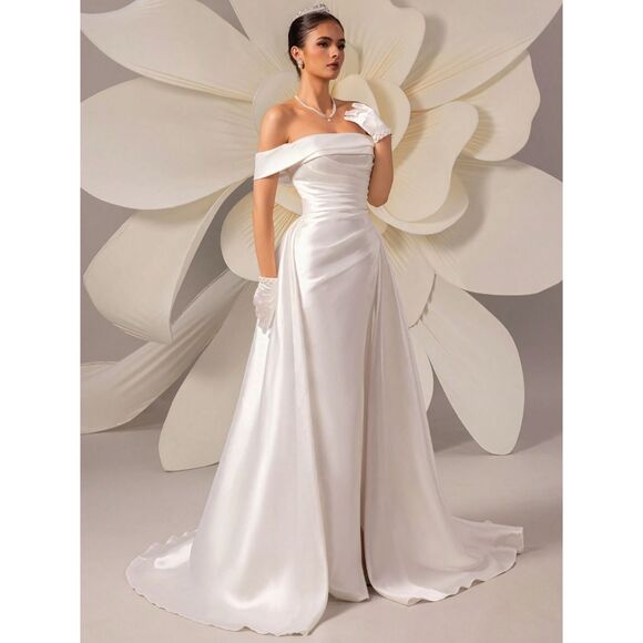 Satin Wedding Dress NWT Luxury Simple Wedding gown White Off Shoulder - Picture 6 of 10